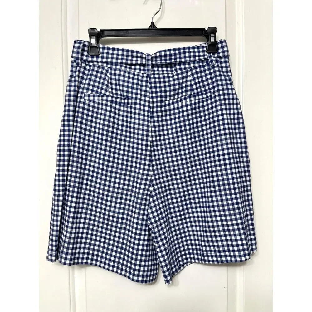 New Avec Les Filles Gingham Linen Blend Belted Shorts Navy Blue White Size 8